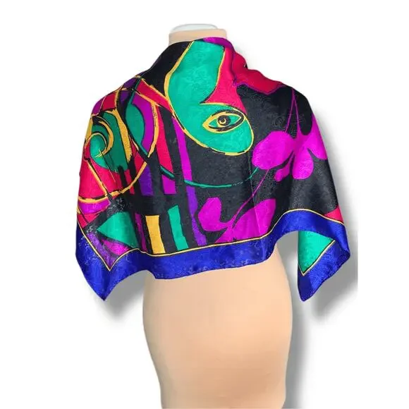 Vintage 90s Abstract Printed Silk Scarf Bold Colorful Artsy Square Wrap Purple - Picture 4 of 8